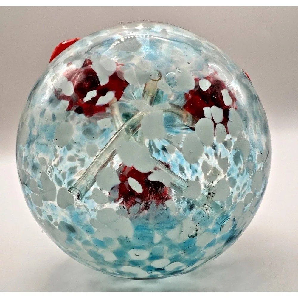 Hummingbird Feeder Hand Blown Glass Blue White Confetti Red Flower Ports Hanging
